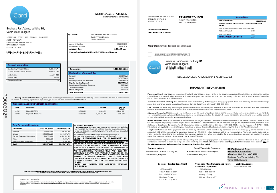Download Ukraine Icard bank mortgage statement in Word and PDF formats 1 2 Photoshop template